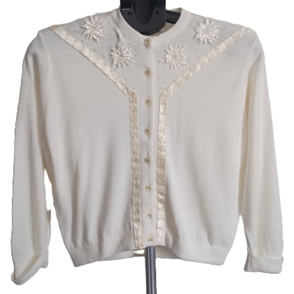 Ste. Laurent Vintage Cream Embellished 3/4 Sleeve Cardigan Sweater Wms Small
